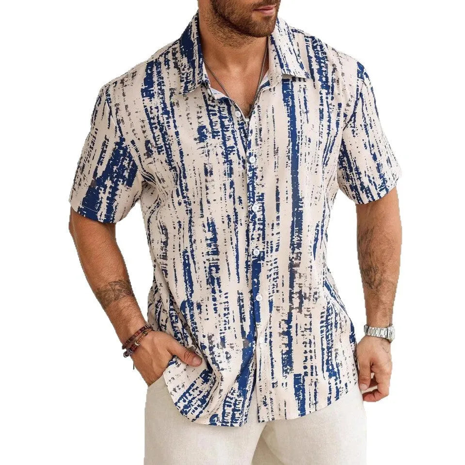Men's short sleeve casual shirt with digital printed 3D stripes in lightweight anti-wrinkle polyester fabric