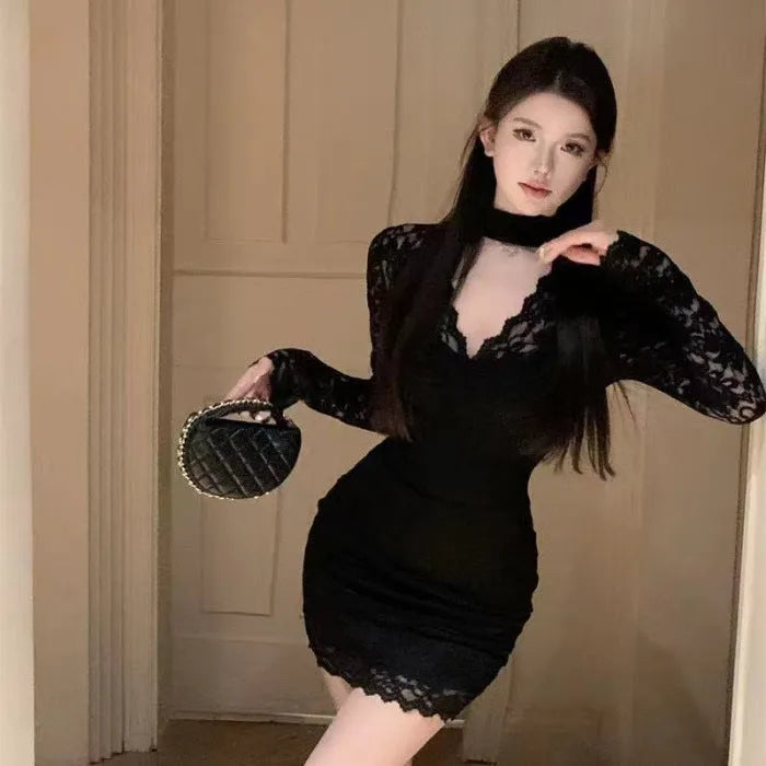Black halter neck lace dress with floral pattern and inner slip skirt, A-line silhouette