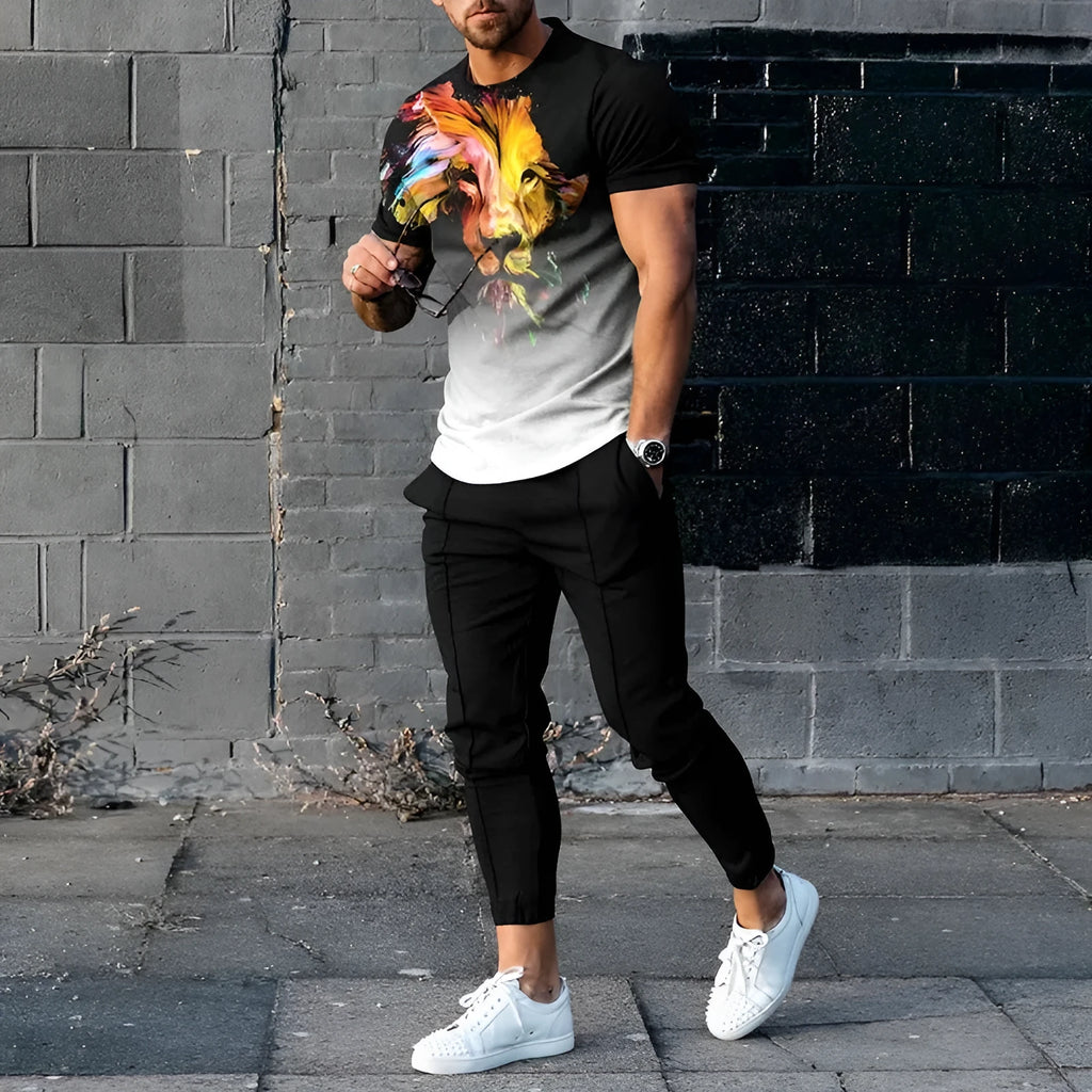 Men's lightweight printed short-sleeve top and trousers two-piece sports suit set