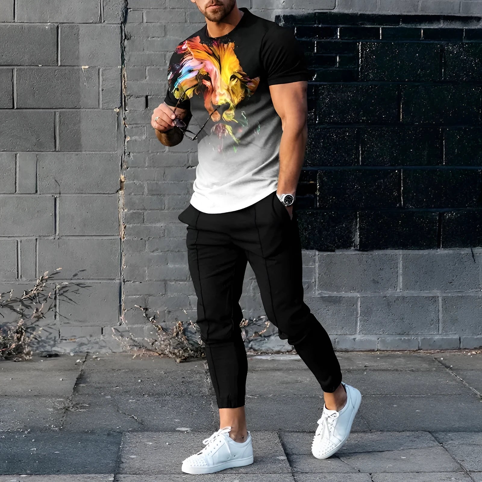 Men's lightweight printed short-sleeve top and trousers two-piece sports suit set