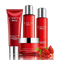 Pomegranate skincare set with four products: face wash, toner, lotion and facial cream in red packaging.