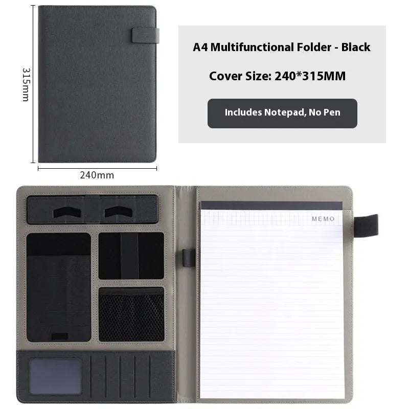 A4 leather business folder in black with pen and notepad options for office use
