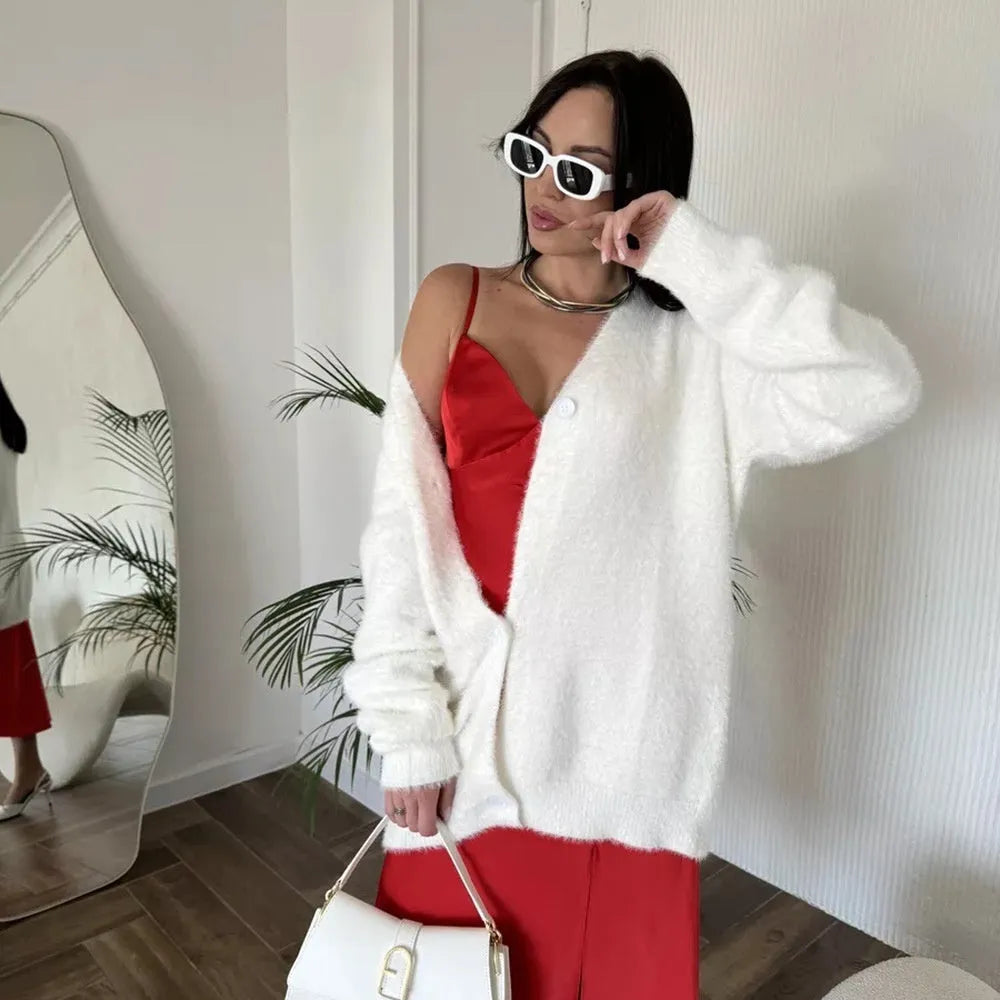 Women's loose V-neck button-front cardigan sweater in thick acrylic knit, 50cm length, sizes S-XL