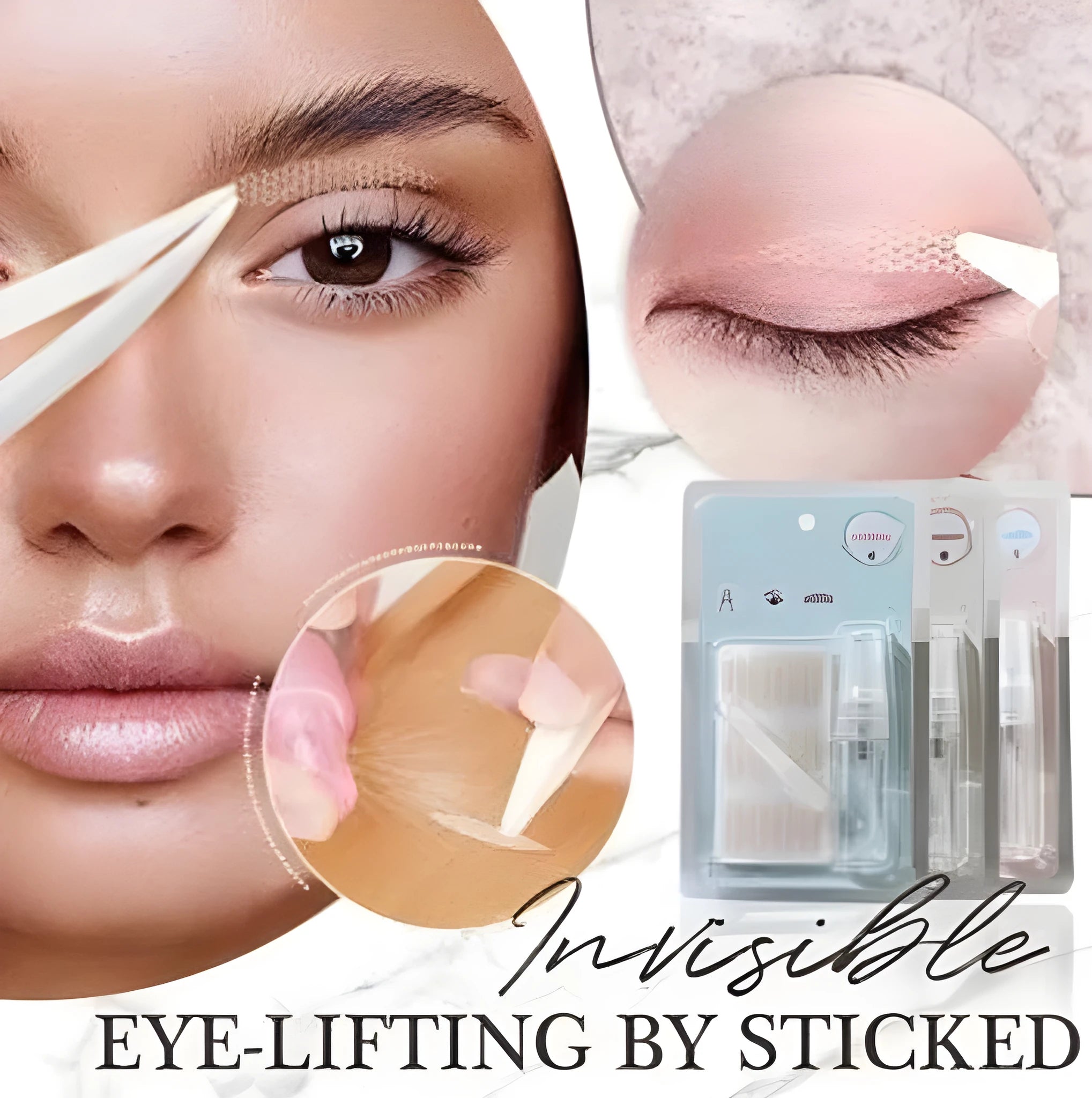 No Glue Eyelid Sticker set showing L, M, and S sizes in non-woven fabric for household application