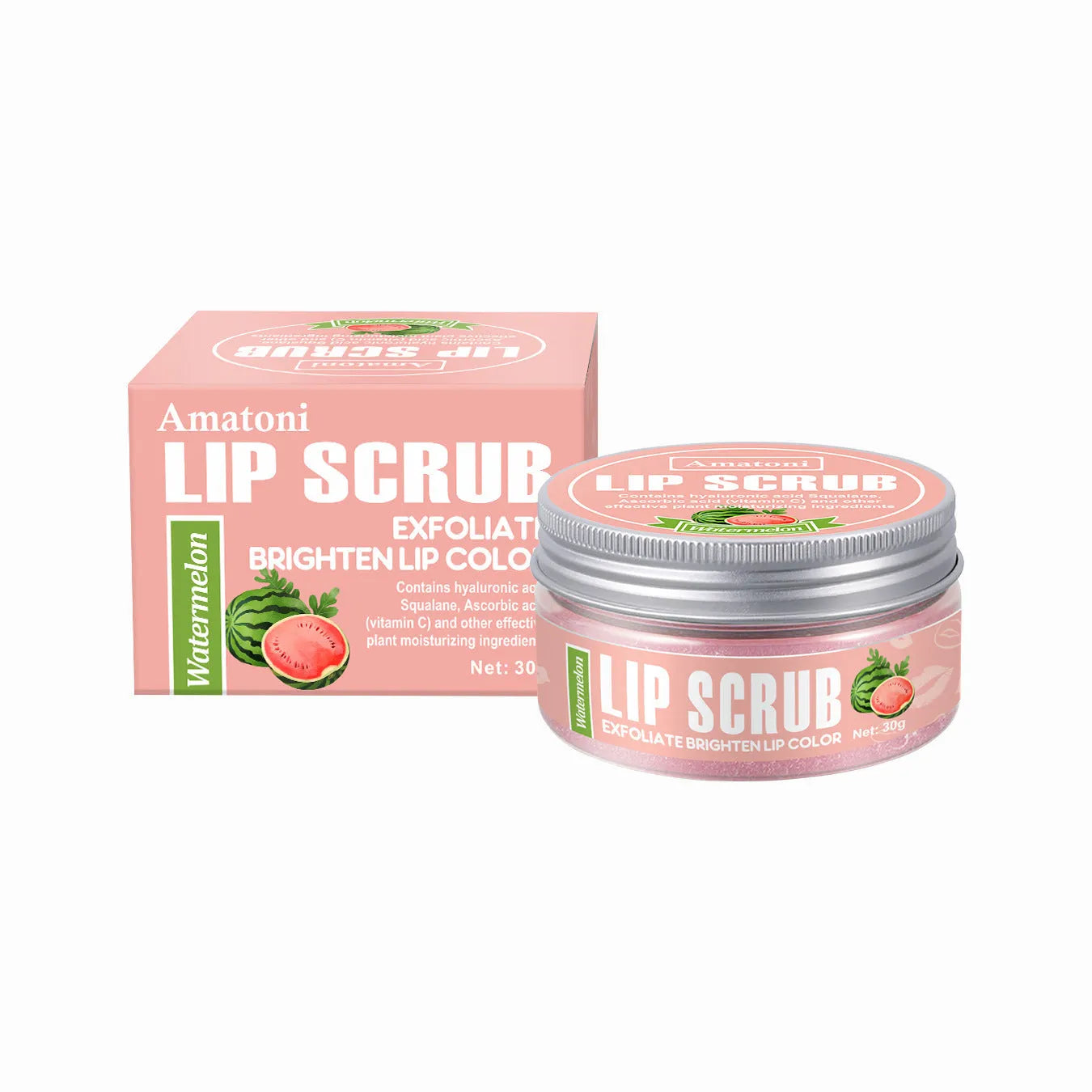 Amatoni Lip Scrub Cream 30g pot in coconut raspberry vanilla watermelon flavours
