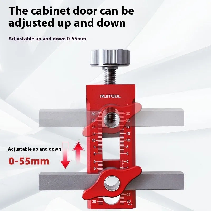 Aluminium alloy cabinet door installation aid tool for woodworking with 10mm drill hole fit.
