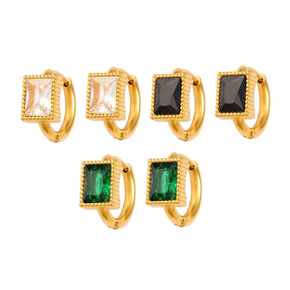 Women's stainless steel earrings with square zircon geometry design in black, green or white