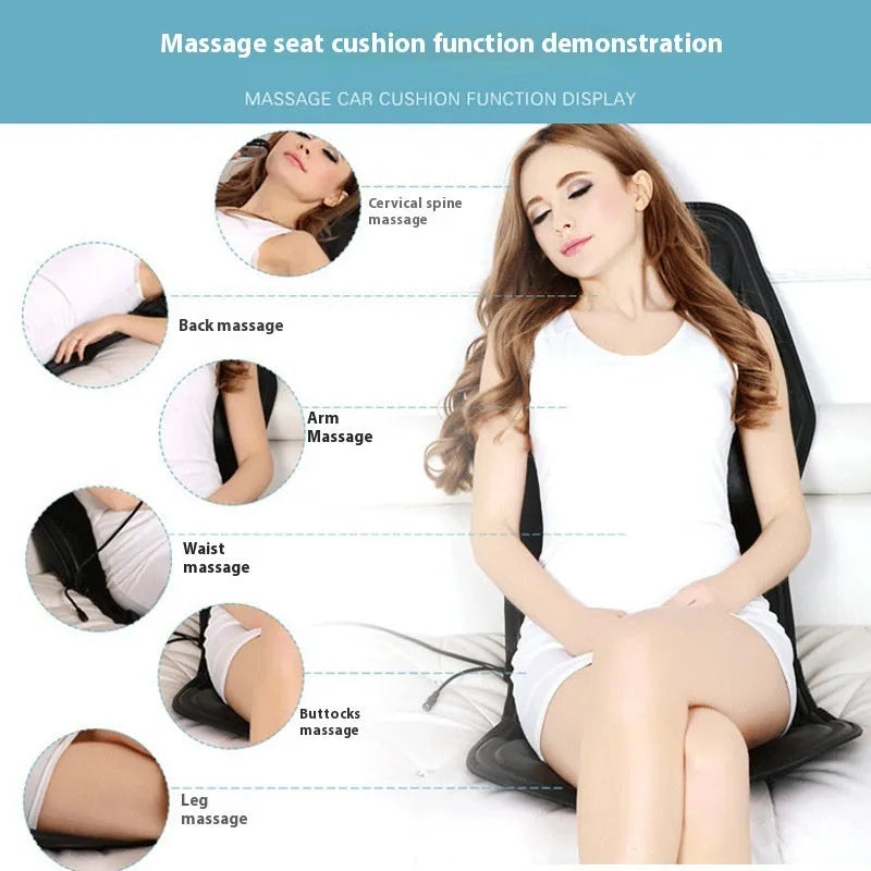 Black infrared heating massage mat with seat cushion on a chair, plugged into an AC outlet.
