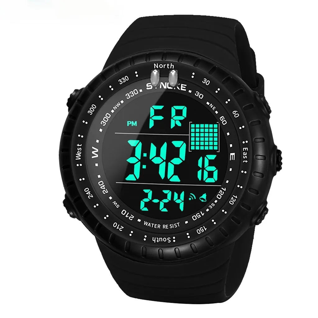 Black men's digital waterproof watch with plastic case and adjustable PU strap
