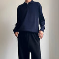 Men's pure wool polo sweater with lapel collar in milky white colour, loose fit with long sleeves
