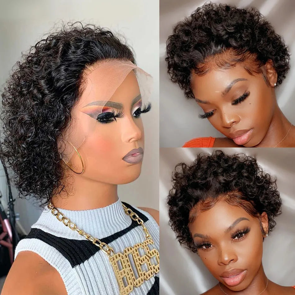 Black human hair lace front pixie wig in colour 13x1 on a model.