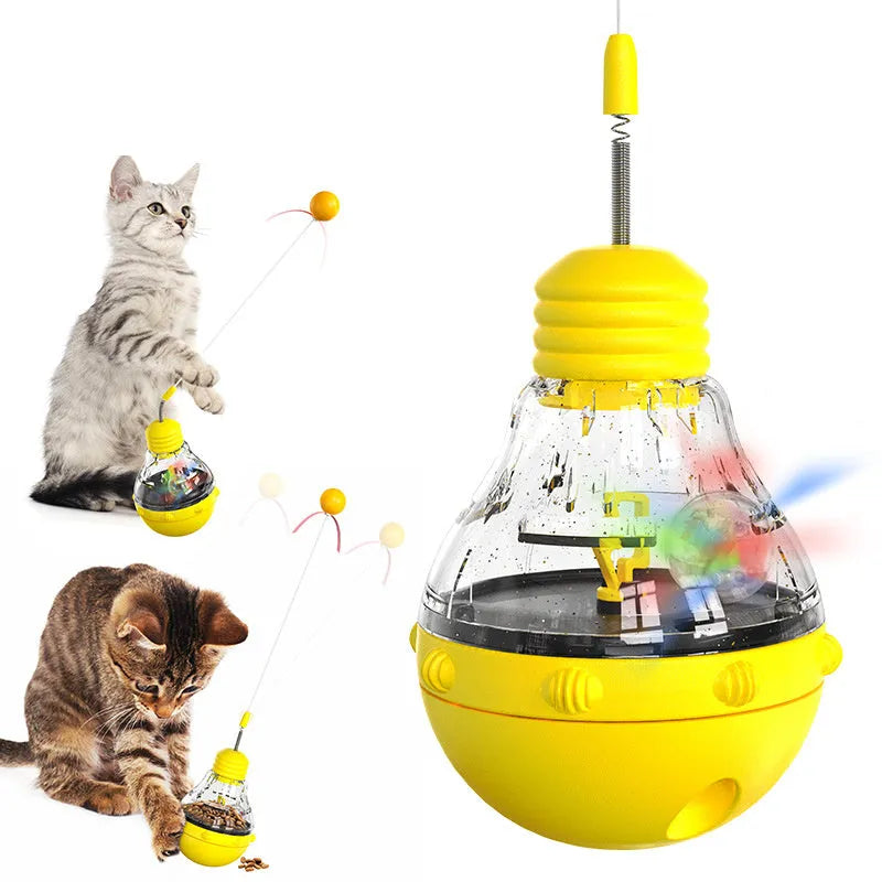 Electric yellow cat wand toy with plastic ball, ribbon teaser, and slow feeder compartment