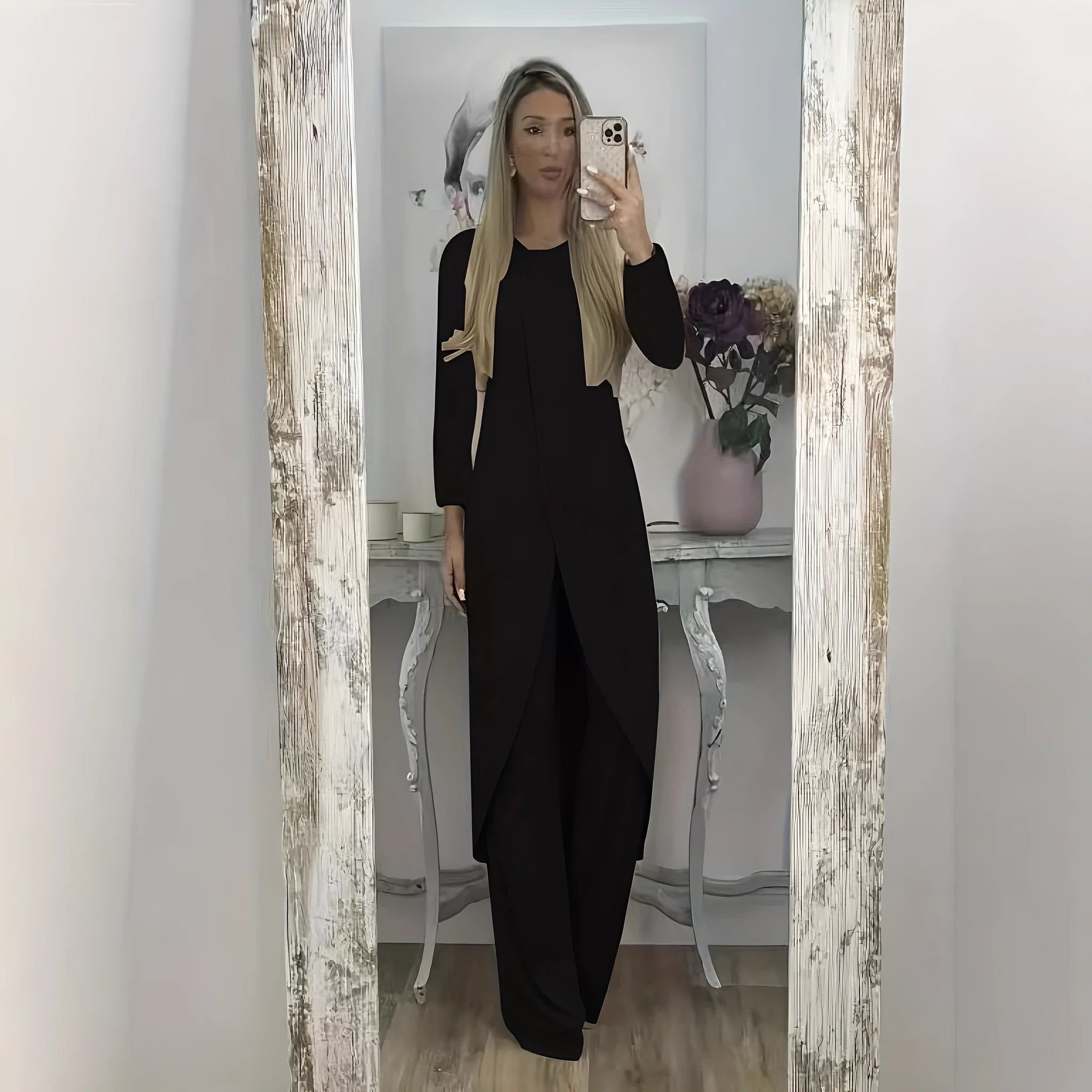 Casual long sleeve polyester two-piece set in khaki, showing loose round neck top and full-length trousers.
