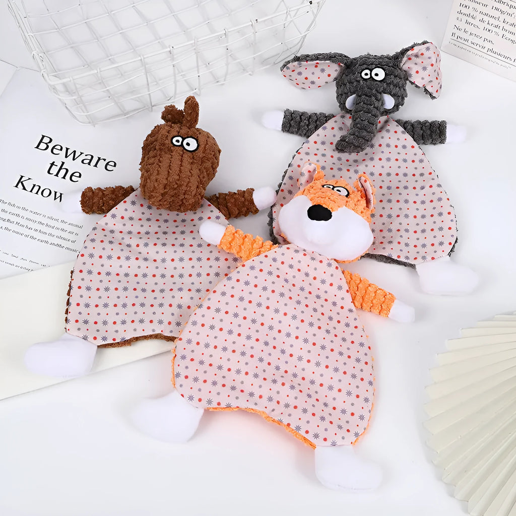 Brown velvet fox elephant pet toy with crinkly paper sound effects inside for cats and dogs