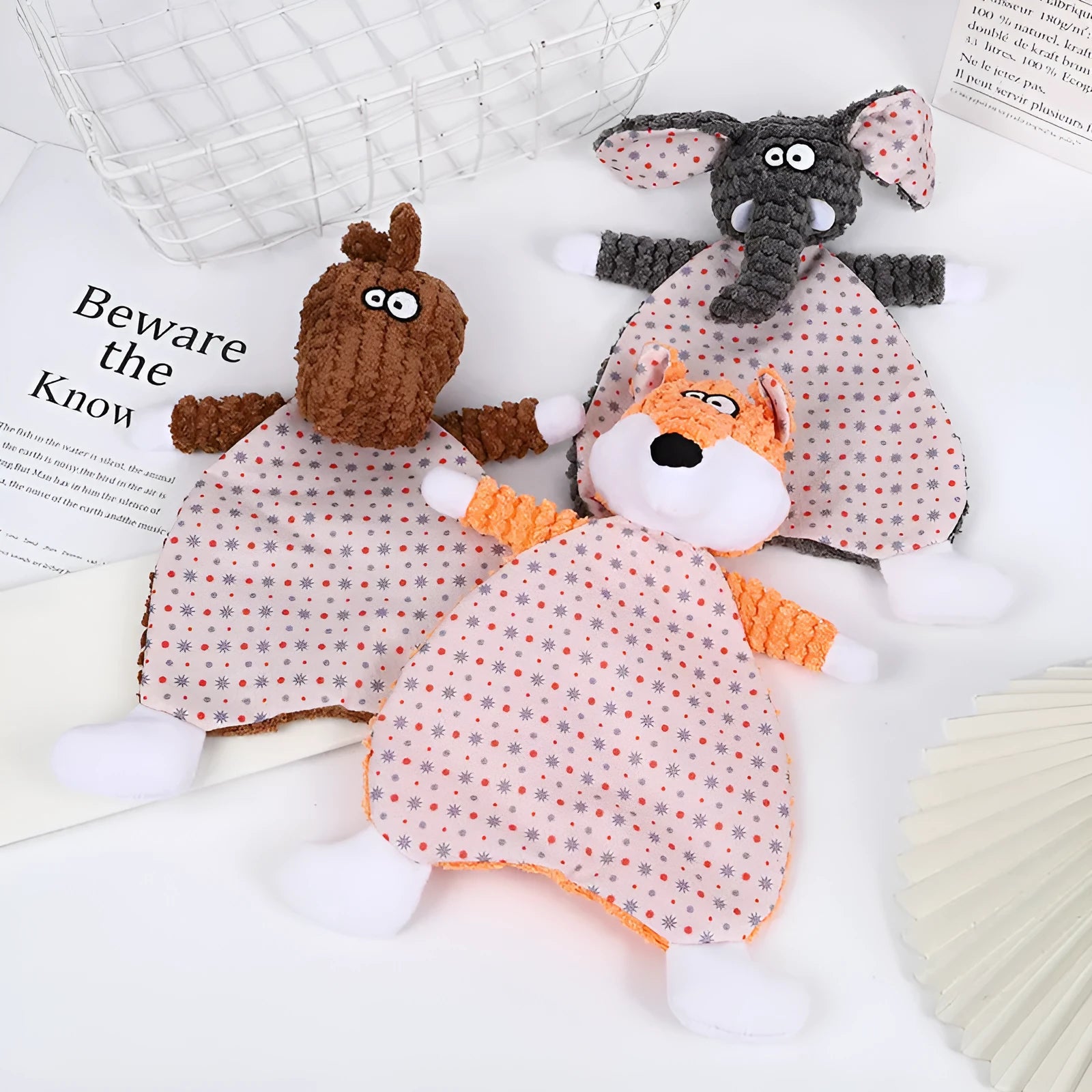 Brown velvet fox elephant pet toy with crinkly paper sound effects inside for cats and dogs