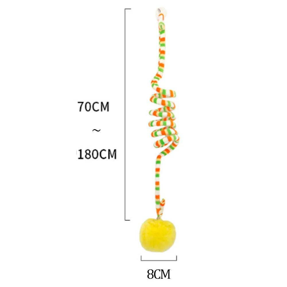 Spring cat toy with inflatable ball and bell hanging from suction cup stick in multiple colour options
