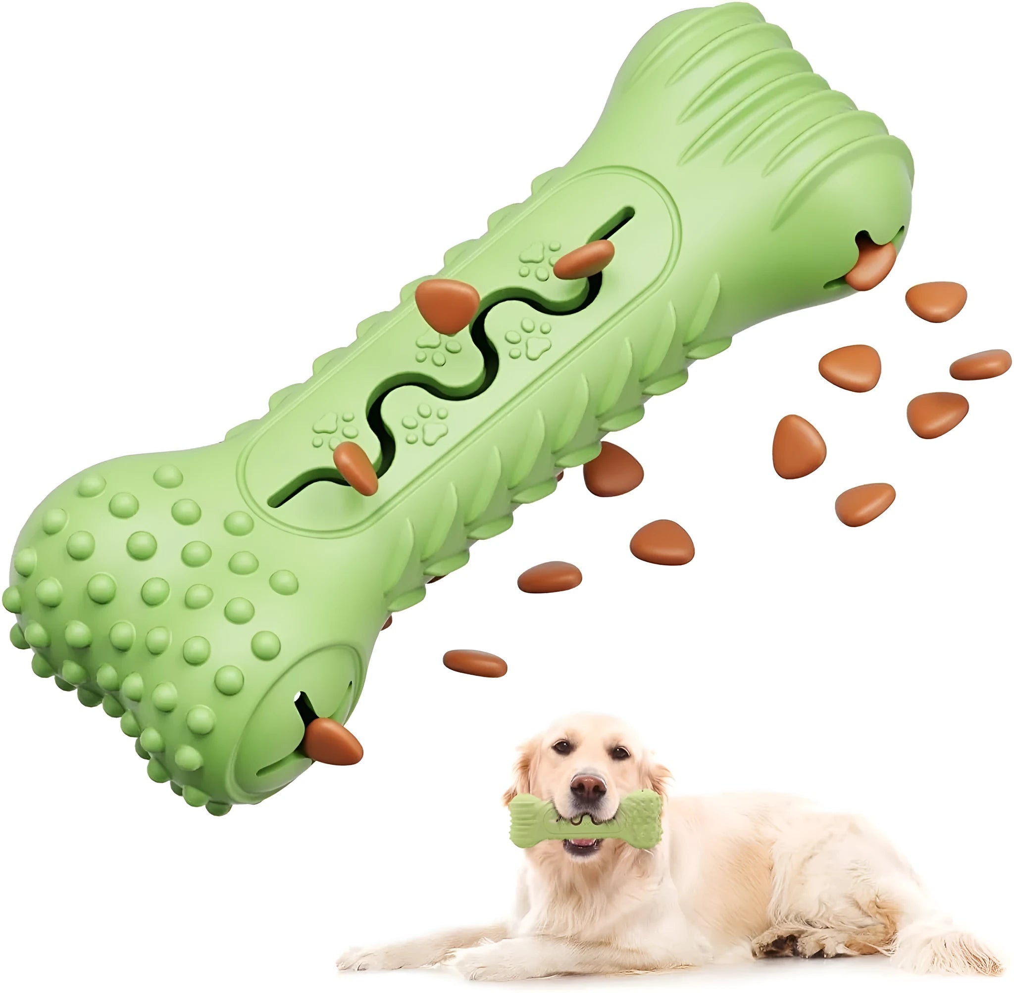 Blue bone-shaped natural rubber dog chew toy with textured surface for teeth cleaning.