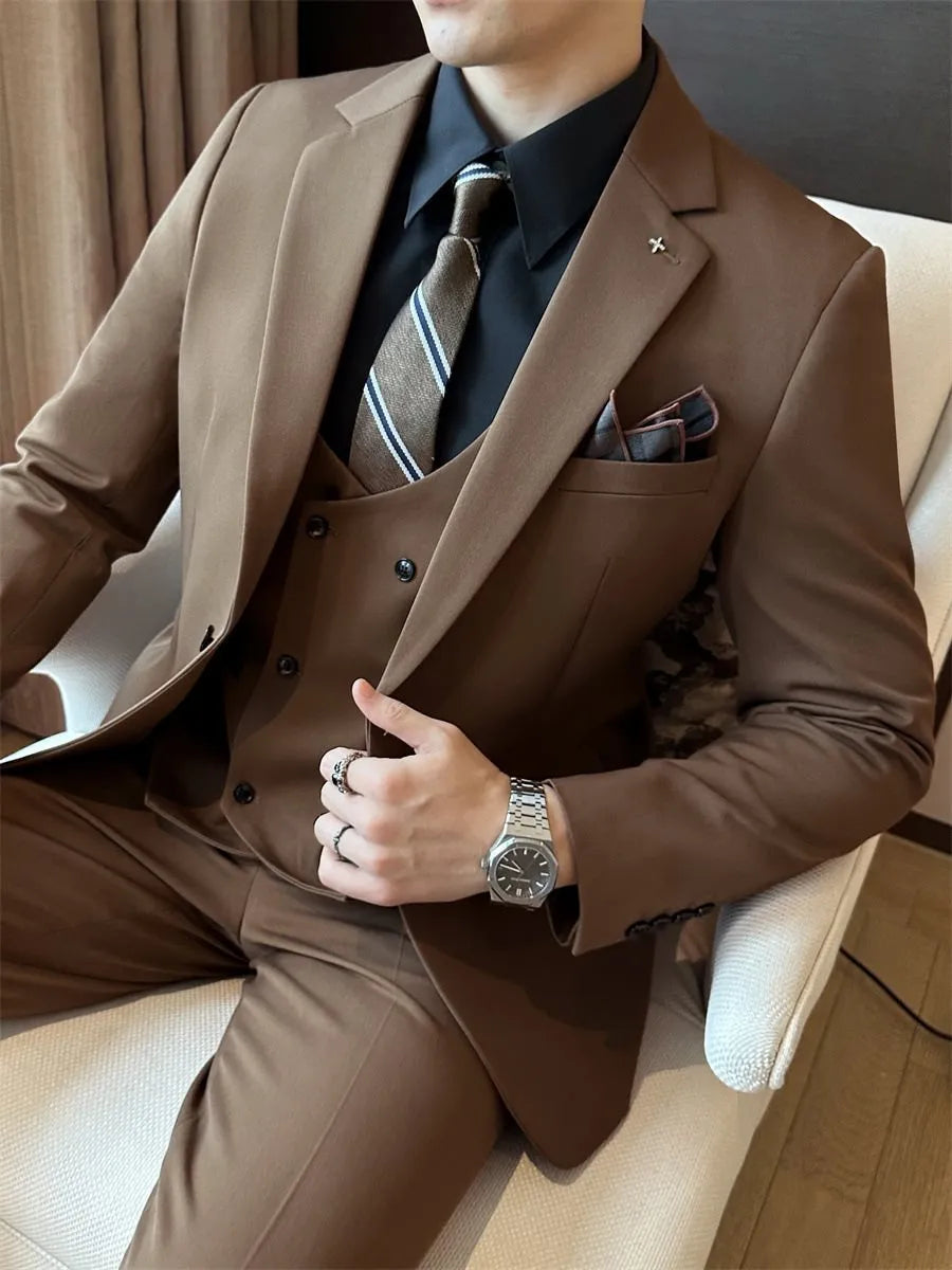 Man wearing a dark green slim fit business suit trousers, viscose blend fabric.