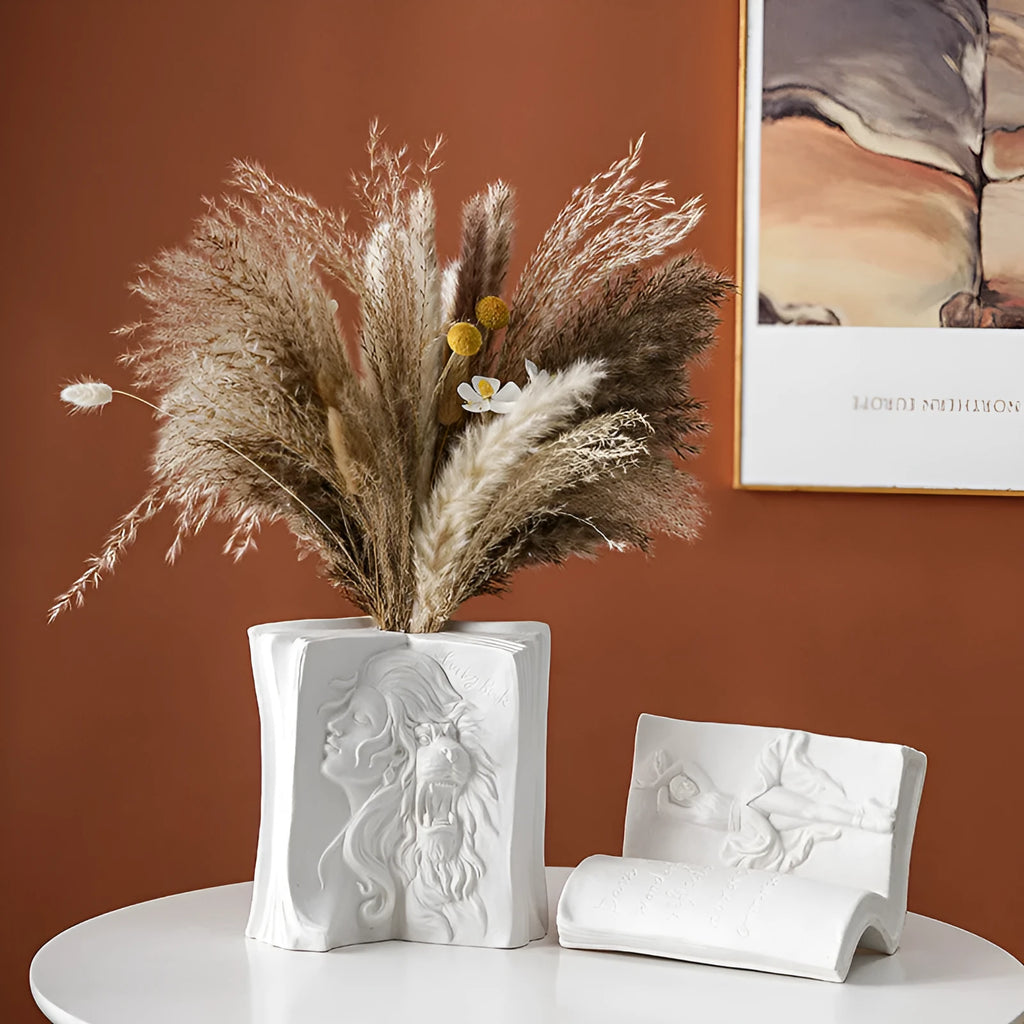 Glazed ceramic book stand in a modern simple style on a desk.