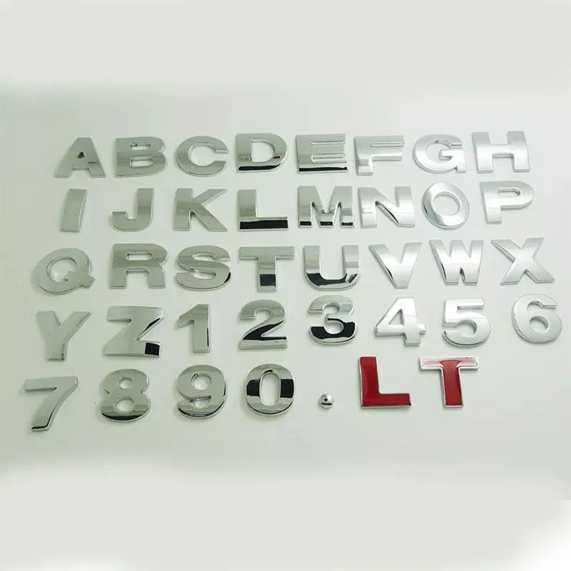 Zinc alloy metal car letter stickers showing A to Z alphabet in 2.5cm size for bumper personalisation