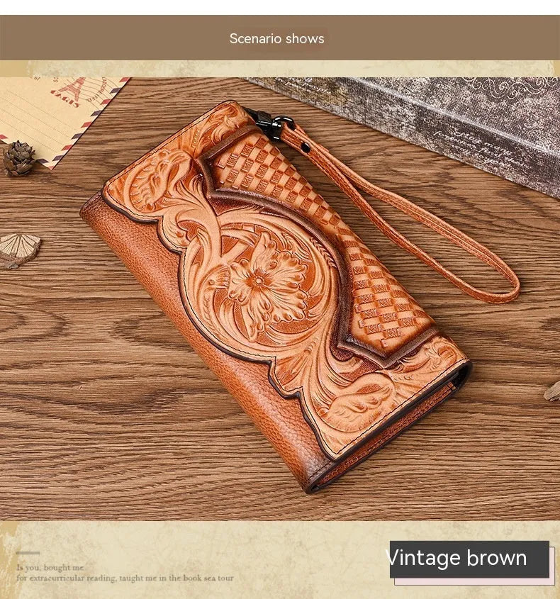 Chinese-style floral embossed tri-fold women's wallet in retro brown cowhide leather