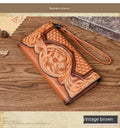Chinese-style floral embossed tri-fold women's wallet in retro brown cowhide leather
