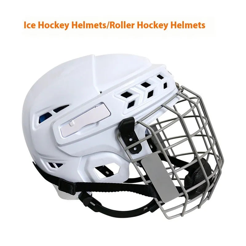 Ice hockey helmet with face mask showing PP shell construction and EVA lining in size options S M L XL