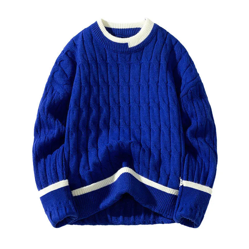 Men's loose grey and blue acrylic modal sweater set on a hanger, showing long sleeves and pullover style.