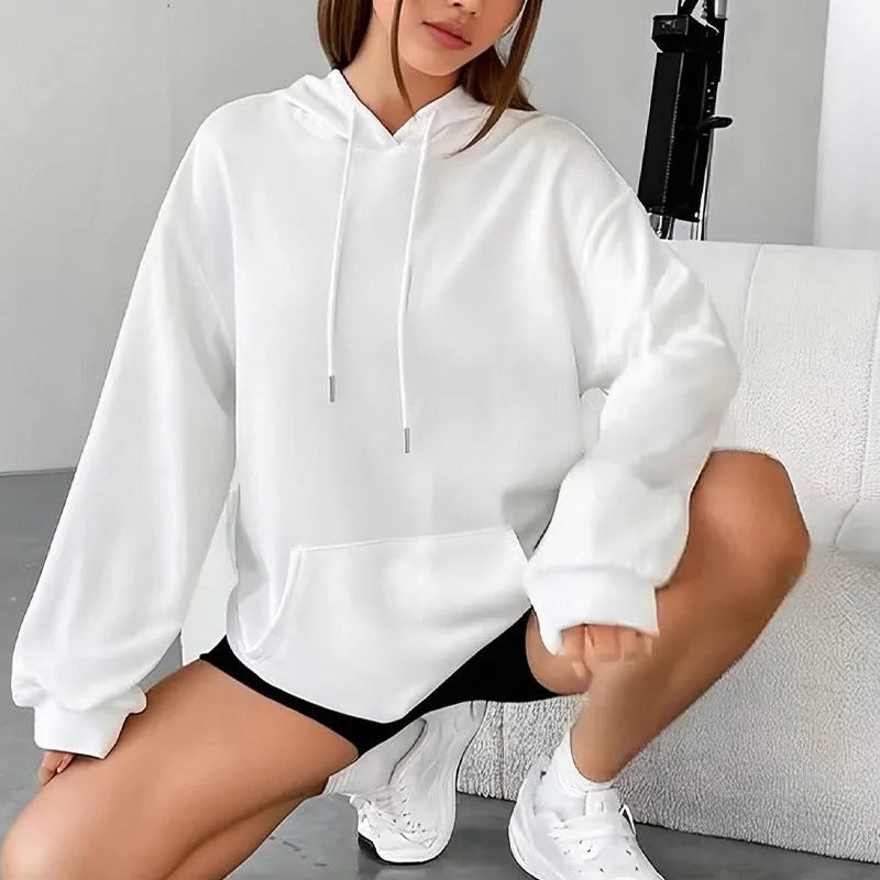Women's loose grey drawstring hoodie sweatshirt with front kangaroo pocket