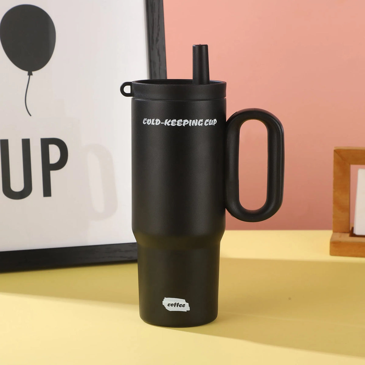 Large portable insulated straw cup with carry handle in choice of colours.
