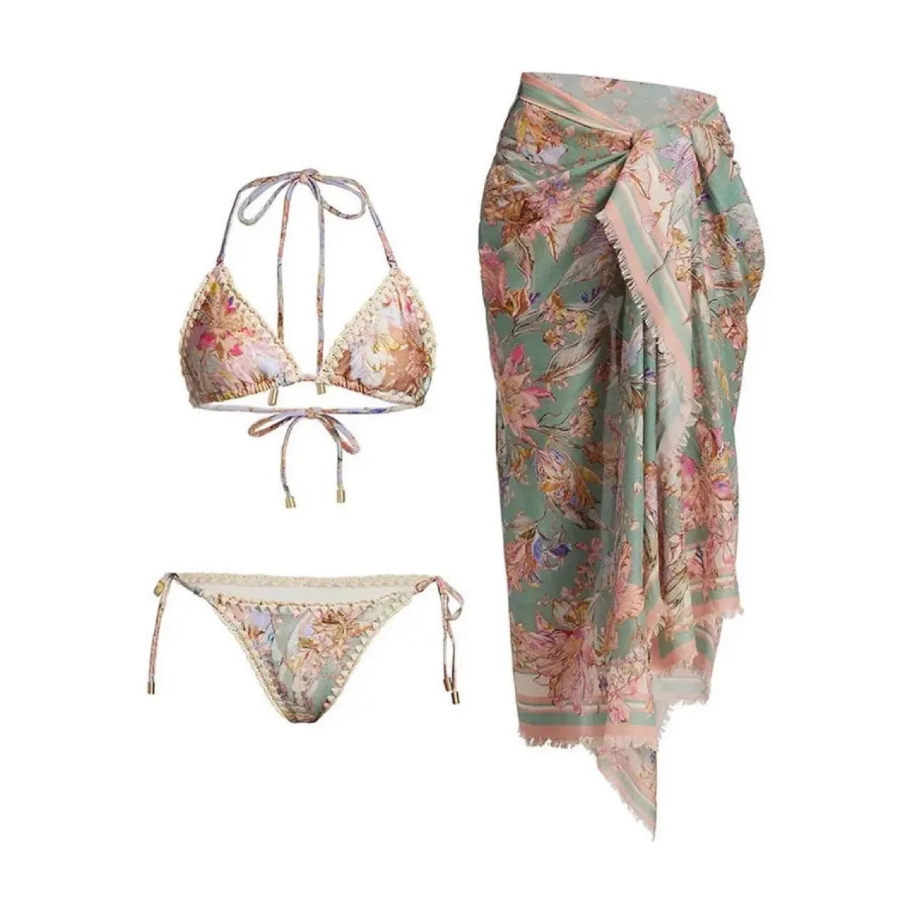 Women's creamy-white floral print bikini set with top, briefs, and skirt laid flat.