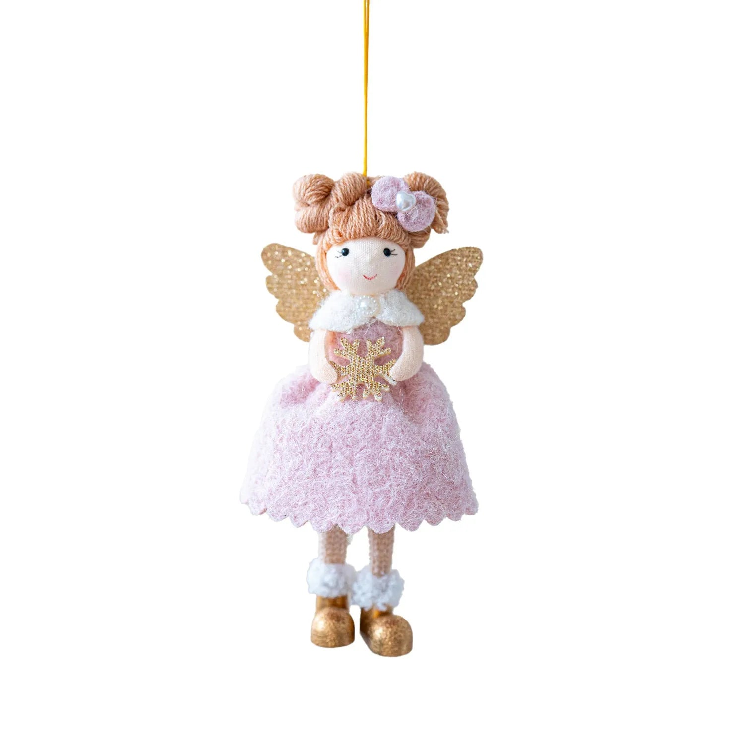Pink and white cloth angel wings plush Christmas pendant ornament on a branch