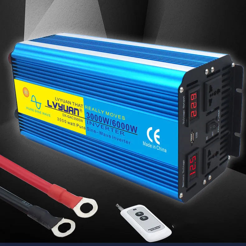 Blue 3000W pure sine wave power inverter with digital displays and remote control for car 12V to 220V conversion