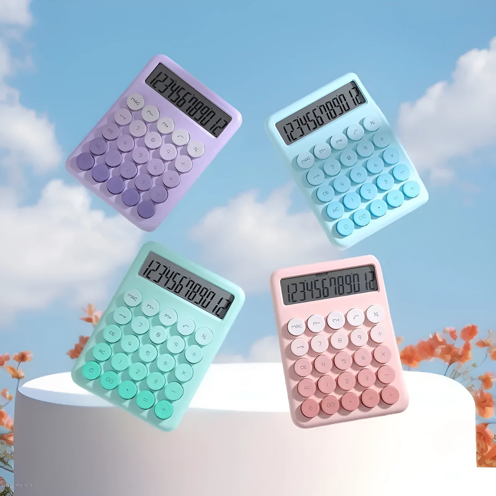 Dopamine gradient colour desk calculator in violet, pink, blue, or mint green on a desk.
