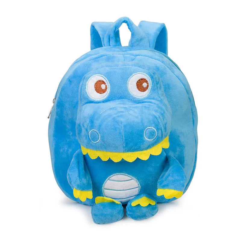 Dinosaur plush backpack for children in blue with embroidered design and soft handle