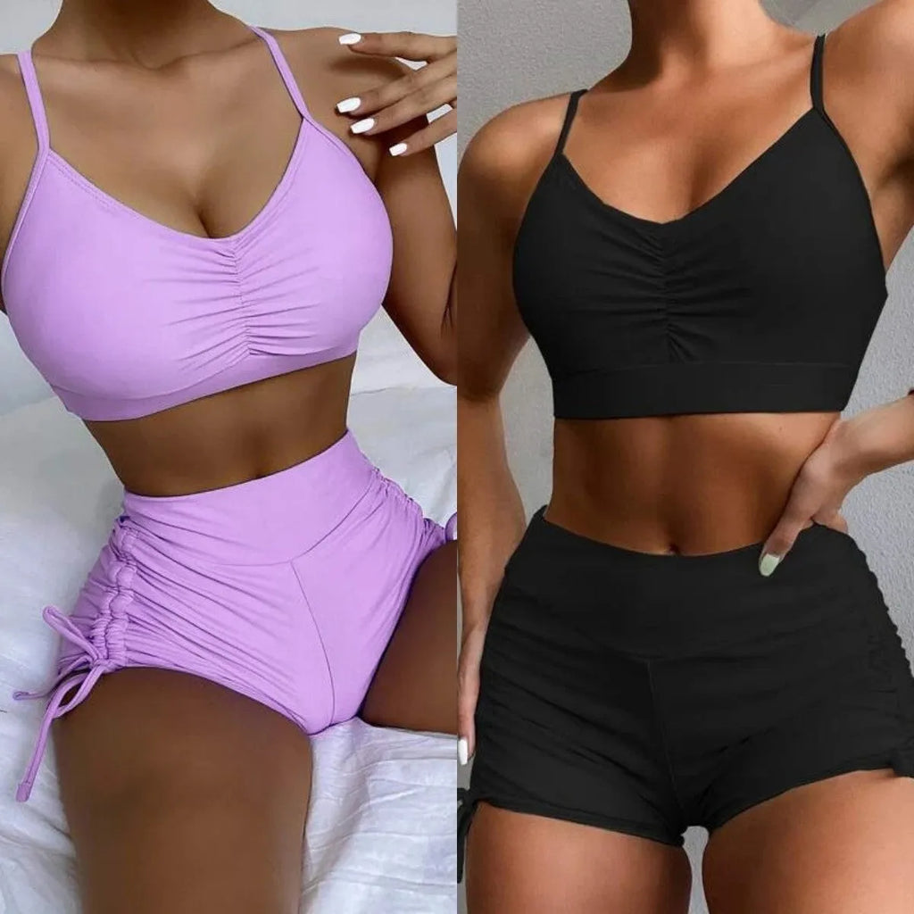 Women's high waist split swimsuit in black or purple with nylon spandex construction