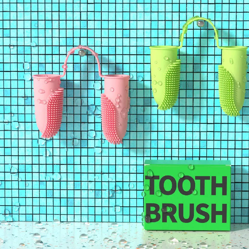 TPR finger cover toothbrush for pet dental cleaning in blue green, yellow, or pink.