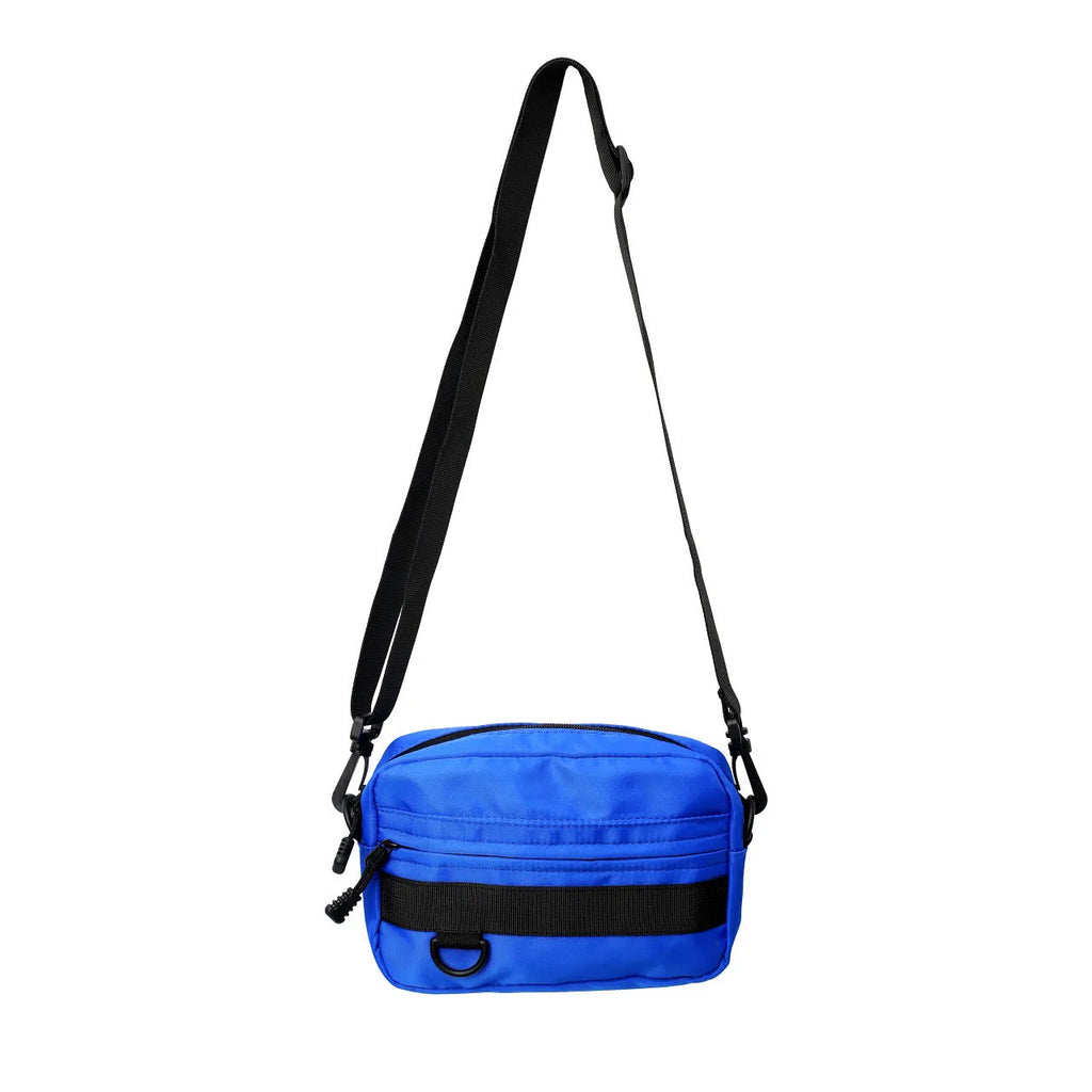 Men's solid color polyester nylon messenger bag with sewing thread detail and crossbody strap in black blue green or white