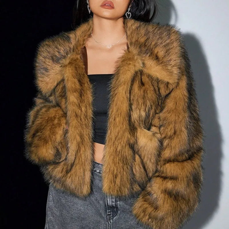 Artificial fox fur coat with fur collar in multiple colour options showing plush texture and winter styling