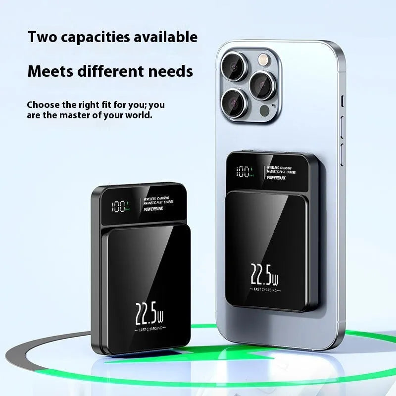 Magnetic wireless power bank in black, white, blue, or purple, plastic body, 5000 mA or 10000 mA options