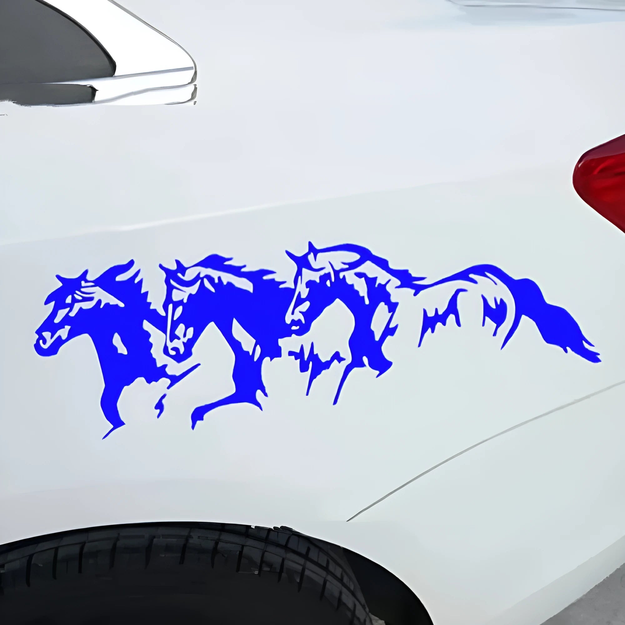 Three horses design vinyl car decal sticker, 25cm long, in black, white, red, or blue.
