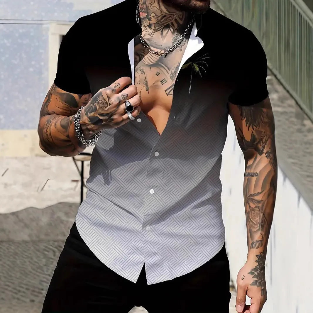 Men's slim fit geometric line print short sleeve polyester shirt shown on a model, available in multiple colours and sizes.