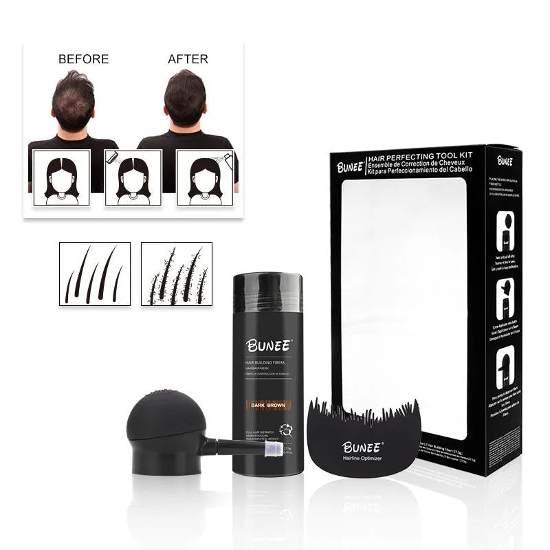 Boxed three-piece hair fibre powder set for thinning hair in multiple natural shades