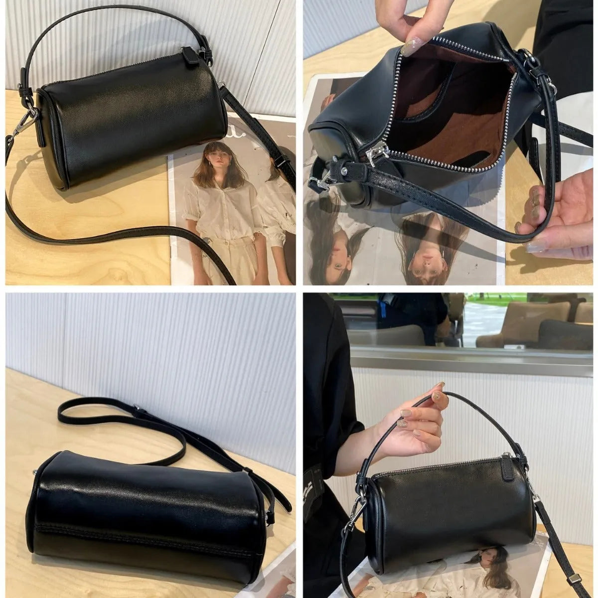 Genuine leather cylindrical crossbody bag for mobile phones in a street style, shown in brown.