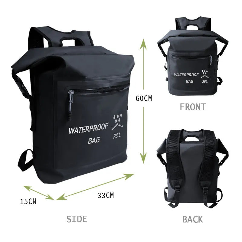 Black 25L waterproof backpack for outdoor water activities