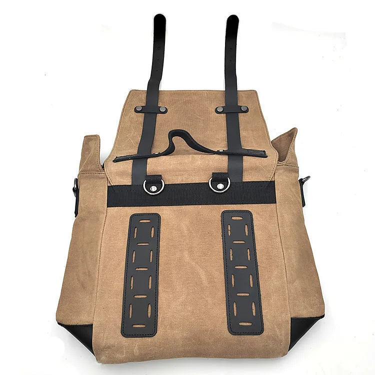 Waterproof canvas motorcycle side pannier bag with cowhide reinforcement in black colour