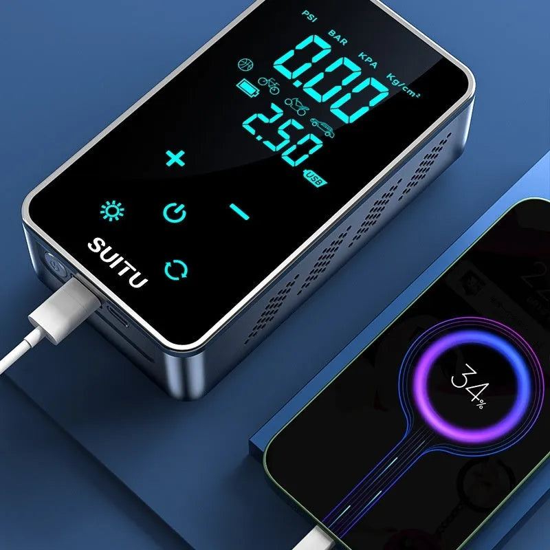 Compact wireless car tire inflator with LCD screen display and Type-C charging port shown with nozzle accessories