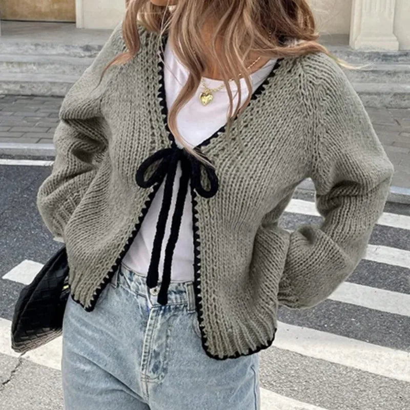 Gray lace-up sweater cardigan with crocheted flower decorations and loose long sleeves
