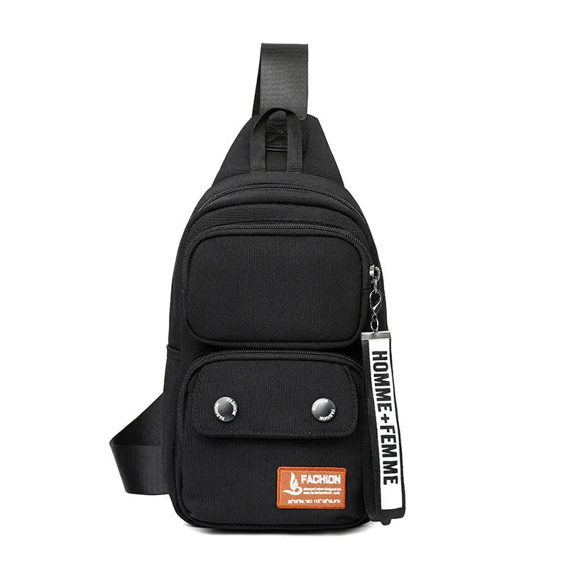 Multifunctional nylon crossbody shoulder bag with letter pattern in beige, black, or light brown for outdoor leisure storage.