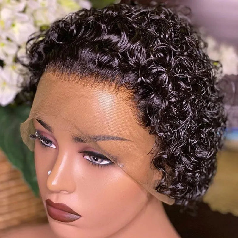 Black human hair lace front pixie wig in colour 13x1 on a model.